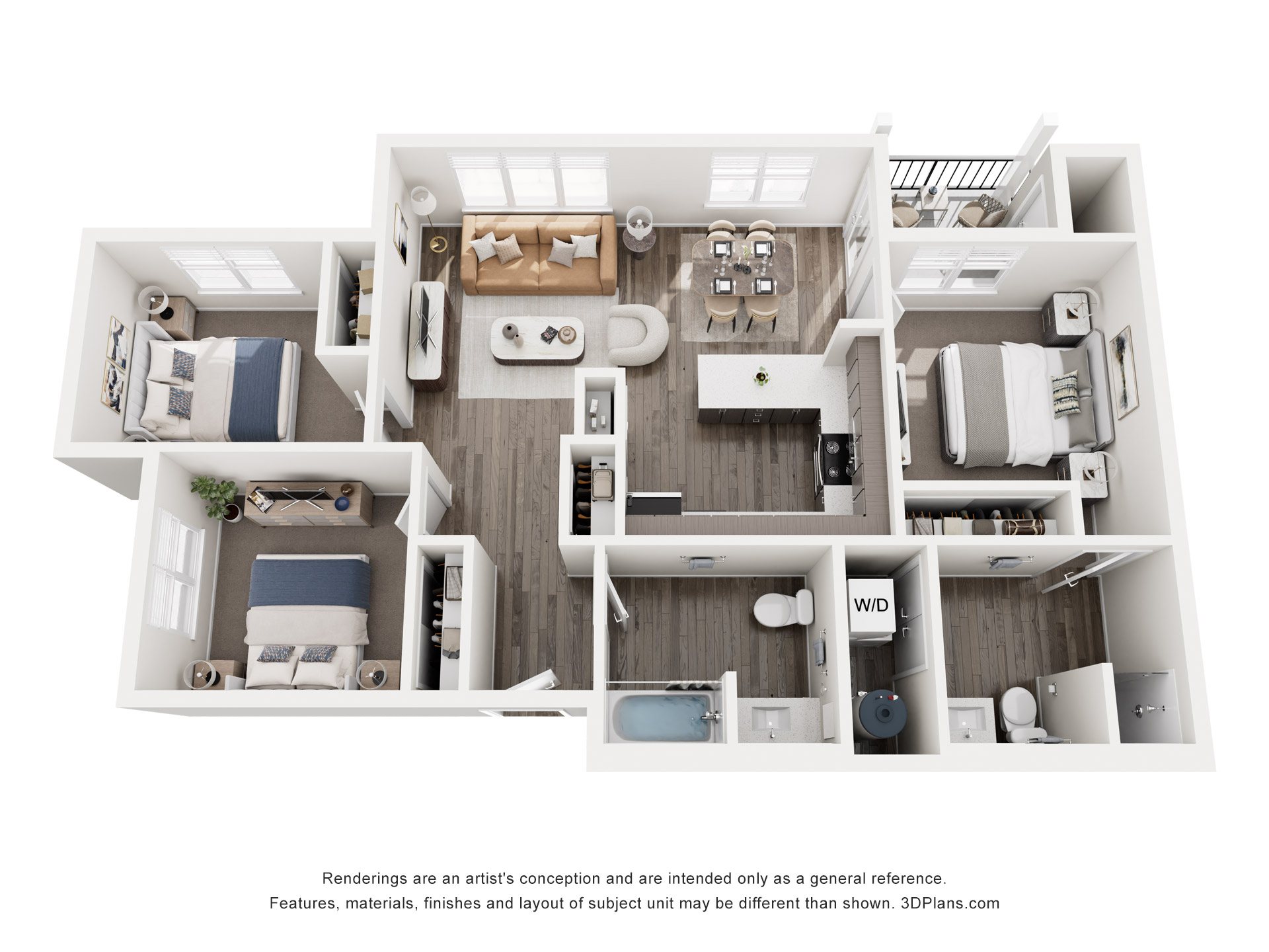 Floor plan for 3 beds, 2 baths, 1102 sqft